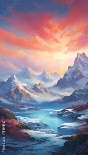Fantasy landscape with mountains and lake at sunset. Digital painting.