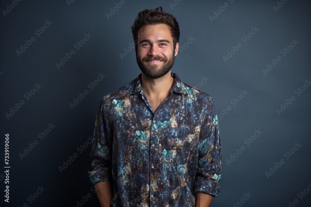 Portrait of a handsome young man with a beard in a blue shirt Portrait of a handsome young man with a beard in a blue shirt