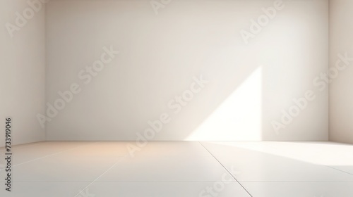 Minimalist White Room with Sunlight Shadow Spacious minimalist white room bathed in natural sunlight creating a sharp shadow  perfect for a tranquil setting or background.  