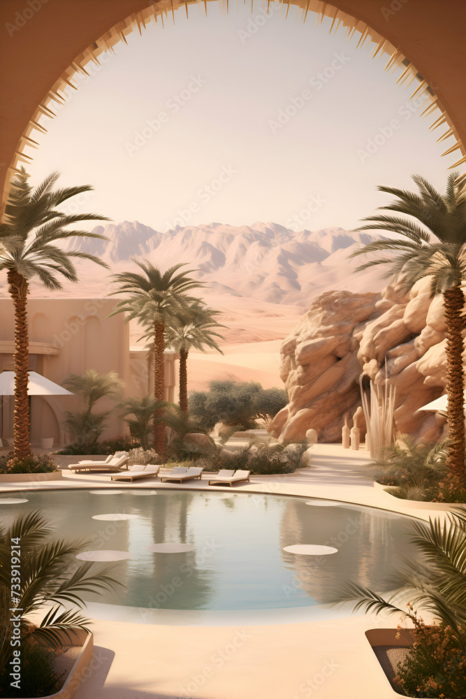 Fototapeta premium Luxury hotel swimming pool in the desert. 3d rendering