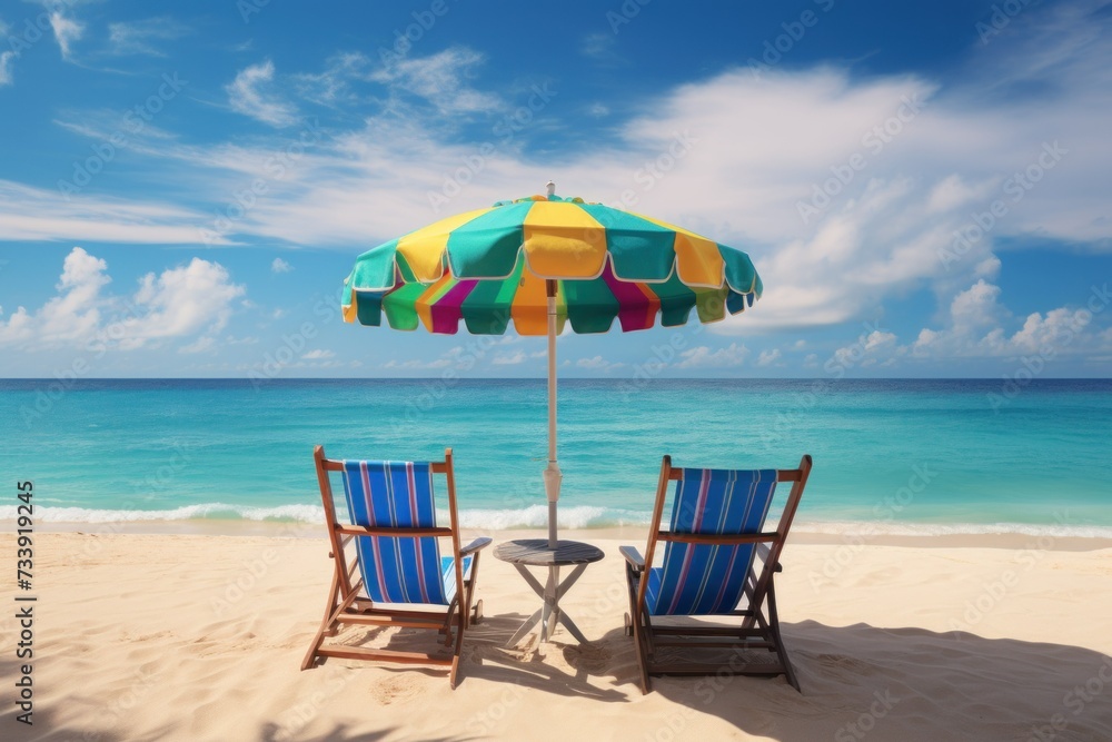 Serene beach scene with chairs under a vibrant umbrella