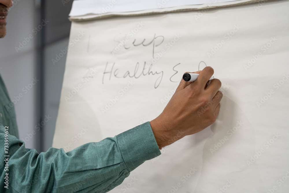 Businessman writing ideas on flip chart Businessman writing ideas on flip chart