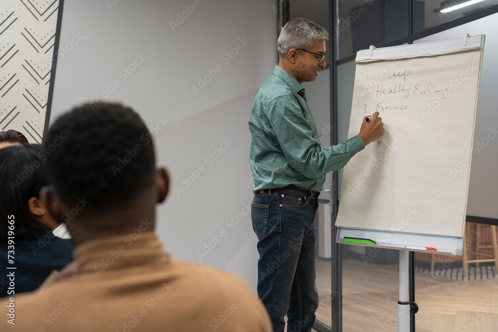 Businessman writing ideas on flip chart during meeting Businessman writing ideas on flip chart during meeting