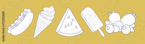 Ice Cream, Berry, Hot Dog and Watermelon Hand Drawn Element on Yellow Background Vector Set