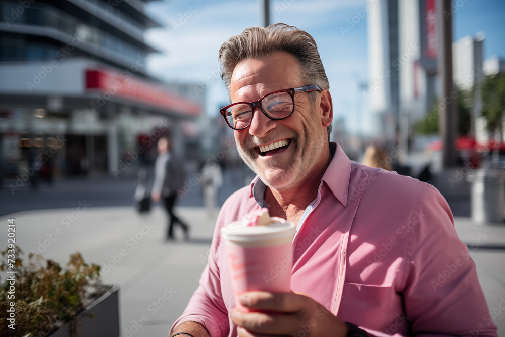 Middle aged man in the middle of the city with strawberry milkshake Middle aged man in the middle of the city with strawberry milkshake