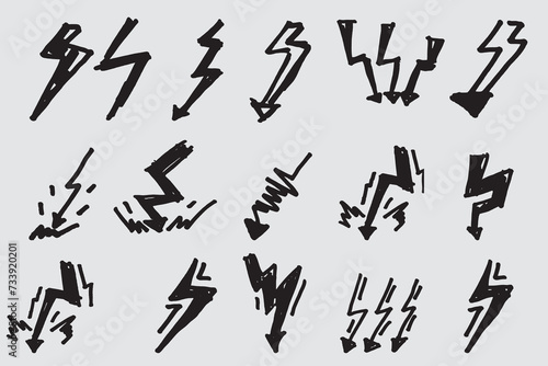 collection of hand drawn symbols of lightning, lightning, energy, power, lightning doodles in vector