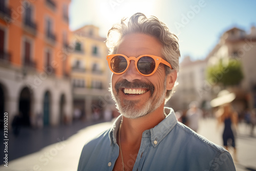 Middle aged man in the middle of the city with sunglasses © luismolinero