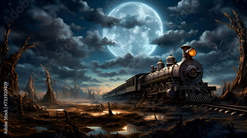 Steam locomotive on the background of the full moon. 3D rendering photo