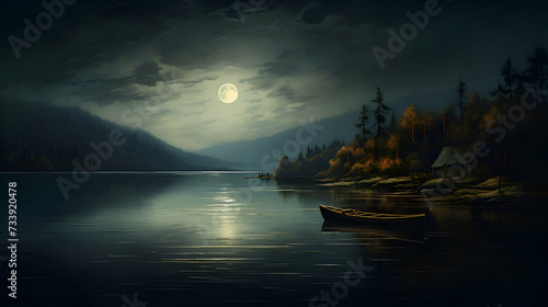 Fantasy landscape with a boat on the lake and mountains at night