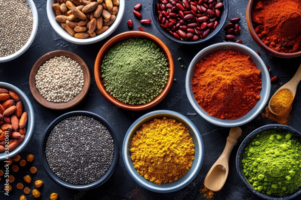 High angle view of various bowls full of different types of superfoods like turmeric, flax seeds, chia, wolfberry