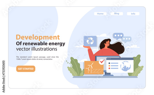Development of Renewable Energy concept. Enthusiastic woman promotes eco solutions, showcasing recycling sign and wind turbines. Modern transition to green energy. Flat vector illustration.