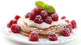 Stack of Pancakes Topped With Raspberries and Powdered Sugar