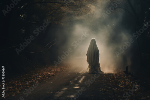 Ghost Standing in Misty Autumn Forest