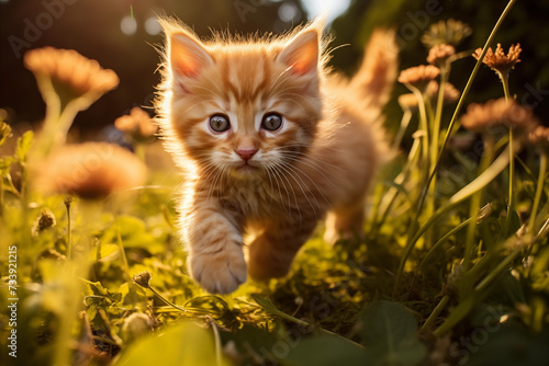 Adorable peach fuzz cat frolicking in the garden