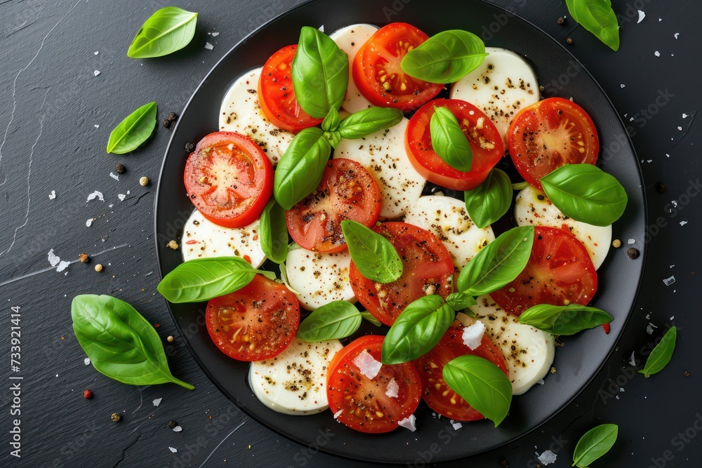Top view of a caprese salad made with cherry tomatoes, bocconcini mozzarellas, basil leaves, salt and pepper on a black plate. Top view of a caprese salad made with cherry tomatoes, bocconcini mozzarellas, basil leaves, salt and pepper on a black plate.