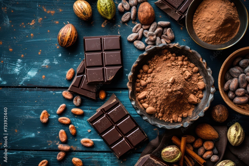 Top view of a cocoa pod, cocoa beans, chocolate bars and cocoa powder on a dark blue wooden backdrop. Top view of a cocoa pod, cocoa beans, chocolate bars and cocoa powder on a dark blue wooden backdrop.