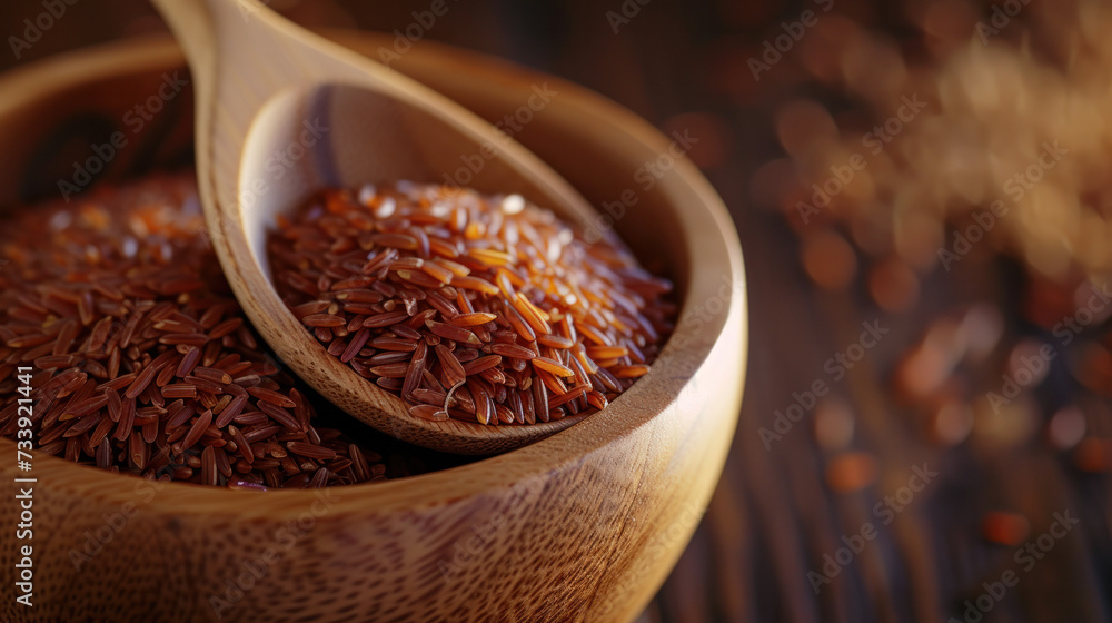 Wooden Spoon Filled With Red Rice on Table Wooden Spoon Filled With Red Rice on Table
