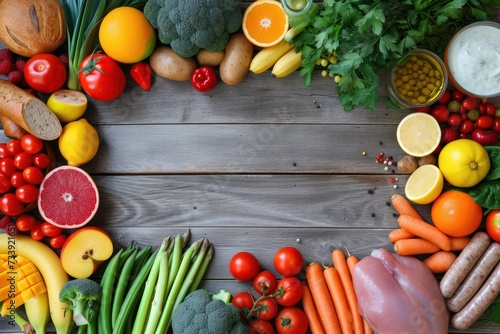 Top view of a frame made with various kinds of food types arranged in a rainbow gradient with copy space on a rustic wooden table.