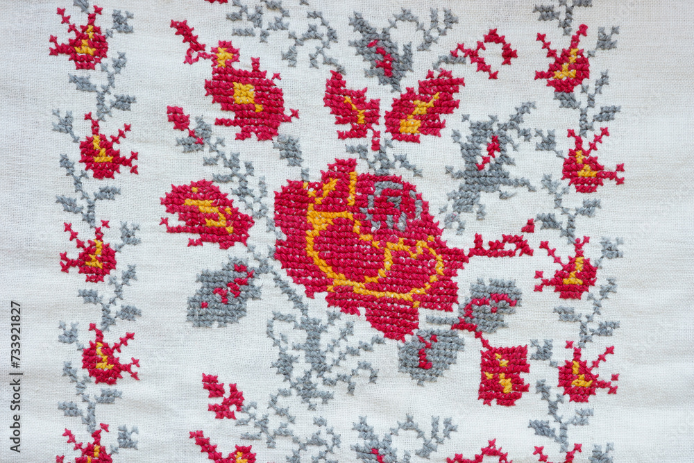 Close-up of Ukrainian folk embroidery, ethnic patterns. Close-up of Ukrainian folk embroidery, ethnic patterns.