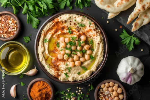 Top view of a homemade hummus surrounded by the ingredients for cooking and seasoning the dipping sauce like chick peas, garlic, parsley, and olive oil 