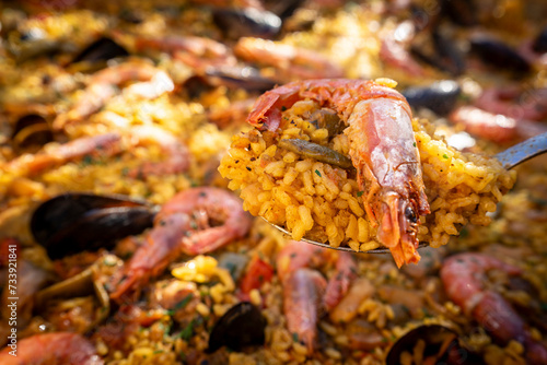 Typical fish and meat paella with prawns  Mallorca  Spain