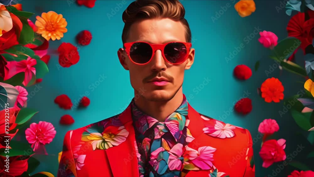 Man male person portrait wearing red jacket and sunglasses on bold blooming floral abstract background in pop art avant garde style. Contemporary fashion concept