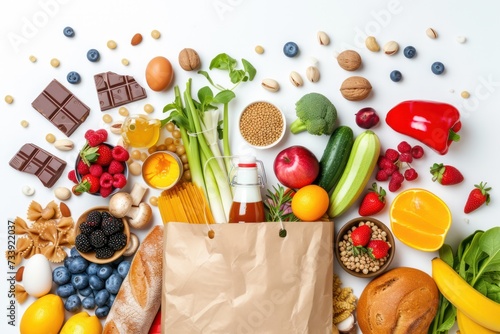 Top view of a paper bag full of canned food, fruits, vegetables, eggs, a milk bottle, berries, mushrooms, nuts, pasta, a chocolate bar and bread. 