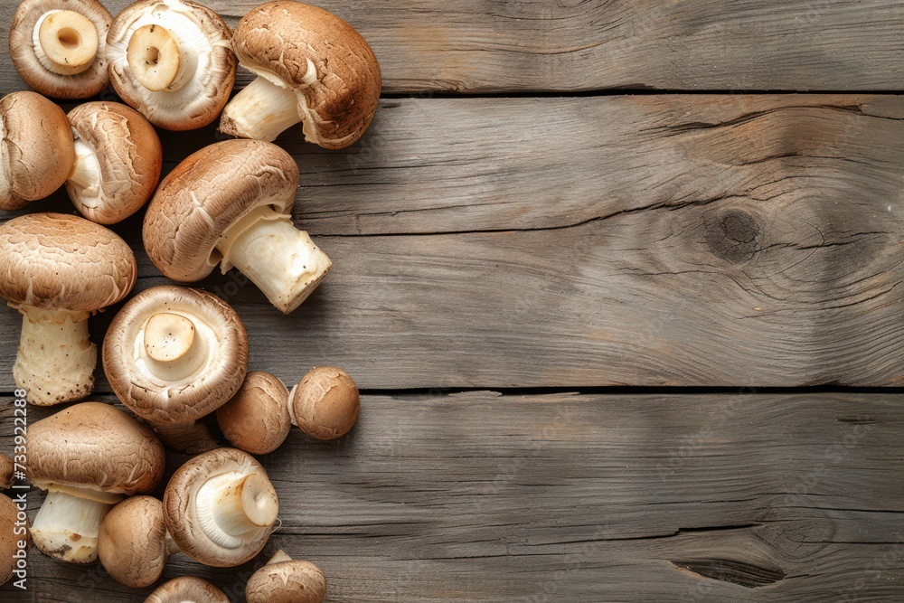 Top view of a various Cremini mushrooms on a rustic wooden table. The mushrooms are at the left border of the image so there is a useful copy space Top view of a various Cremini mushrooms on a rustic wooden table. The mushrooms are at the left border of the image so there is a useful copy space