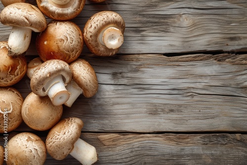 Top view of a various Cremini mushrooms on a rustic wooden table. The mushrooms are at the left border of the image so there is a useful copy space 