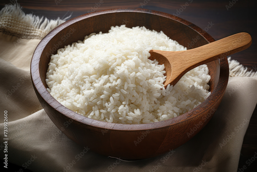 Wooden Bowl Filled With Rice and Wooden Spoon Wooden Bowl Filled With Rice and Wooden Spoon