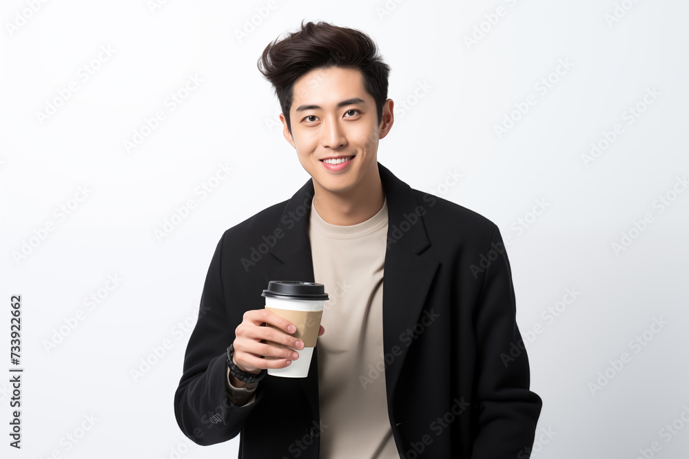 Chinese man over isolated white background holding a take away coffee Chinese man over isolated white background holding a take away coffee