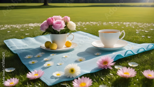Romantic picnic, flowers, tea and green grass. photo