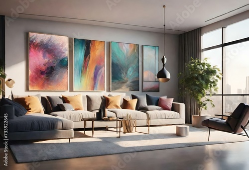 living room interior with colorful potraits photo