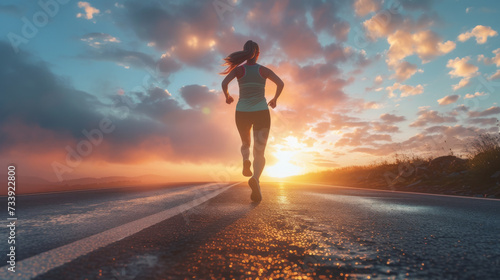 Athlete woman runner training run on the road. Morning jogging for a healthy lifestyle under the sunrise sky. Cardio exercise. Fit girl training for a marathon. Active lifestyle