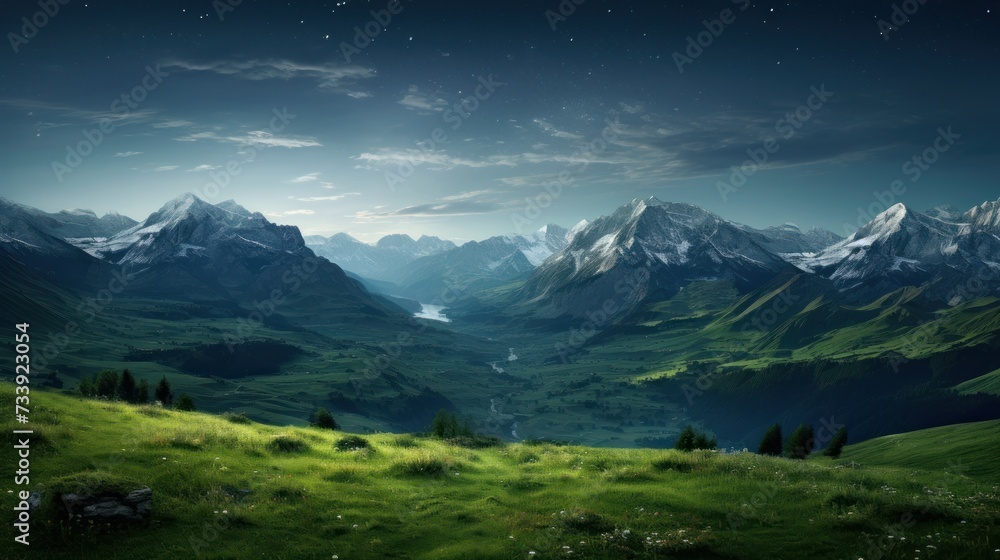 Starry night over snowy mountains and green valley