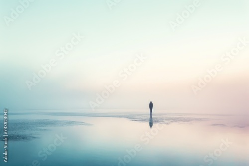 Solitary figure standing in serene, misty waterscape with ethereal light