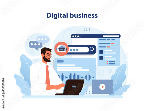 Digital Business concept. Man engages with online analytics and marketing data. Exploring digital strategies for business success. Flat vector illustration.