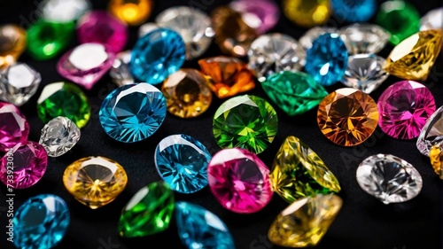 Colorful luxury diamonds scattered on a black background 