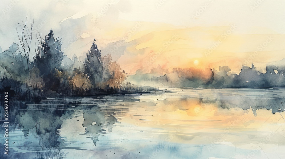 Watercolor sunrise over tranquil lake with reflective waters