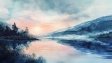 Watercolor landscape of a serene lake at sunset with mountains