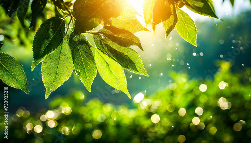 光の中に新緑の葉が生い茂る