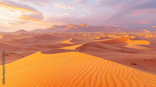 A photo of the Sahara Desert, with endless sand dunes as the background, during a dramatic sunrise