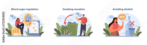 Healthy Life actions set. Visual guide to managing blood sugar, quitting smoking, and avoiding alcohol. Steps towards a healthier lifestyle. Vector illustration.