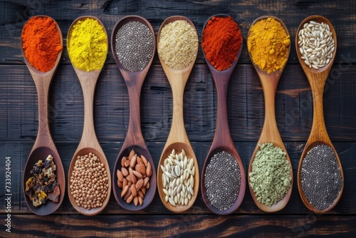 Top view of various kinds of wooden spoons with a superfood heap at the top of each one like turmeric, flax seeds, chia, wolfberry