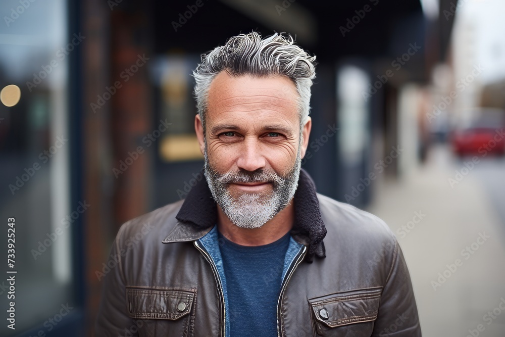 Portrait of a handsome middle-aged man with grey hair and beard in the city Portrait of a handsome middle-aged man with grey hair and beard in the city