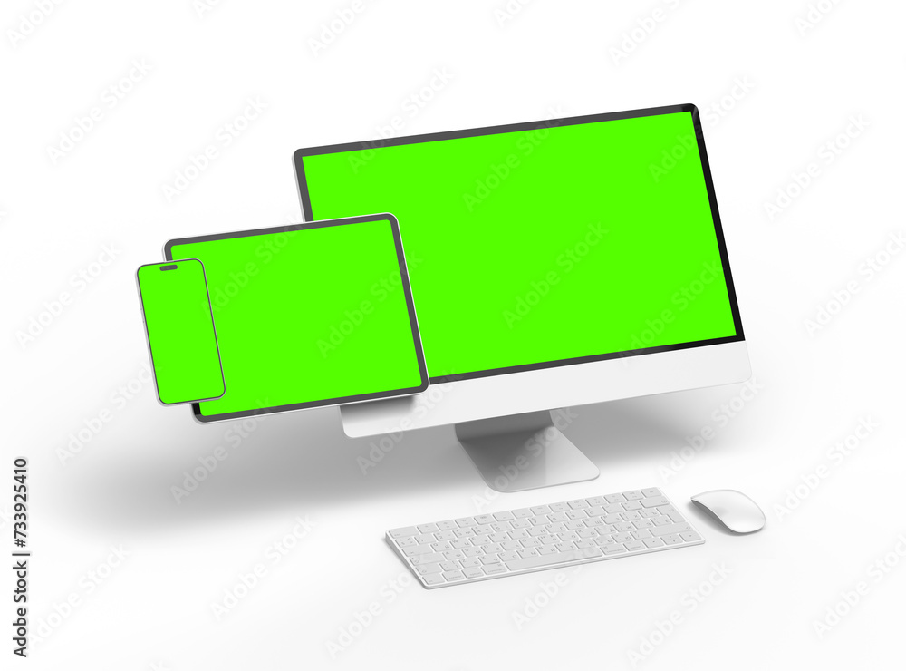 3D Render of smartphone tablet desktop with green screens on a light background 3D Render of smartphone tablet desktop with green screens on a light background