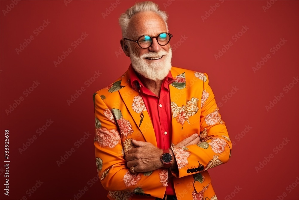Portrait of a happy senior man in orange jacket and glasses. Portrait of a happy senior man in orange jacket and glasses.