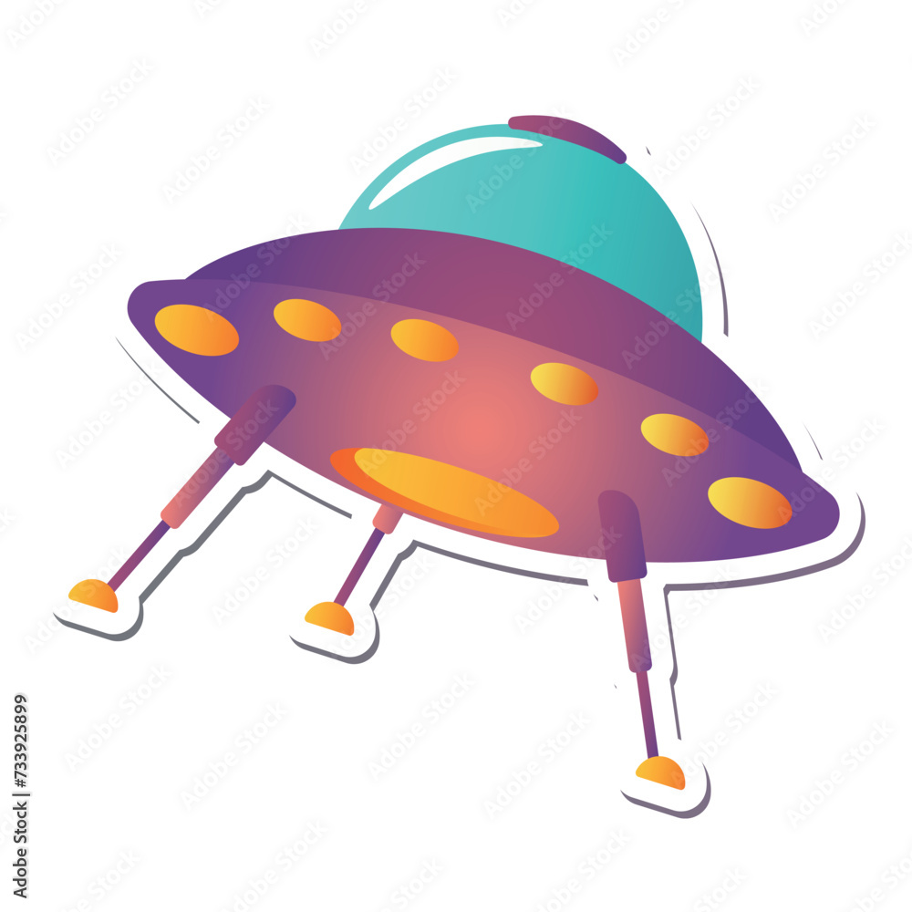 Fototapeta premium Space sticker of colorful set. This whimsical sticker-style illustration feature a cartoon design of an alien ship against a pristine white background. Vector illustration.