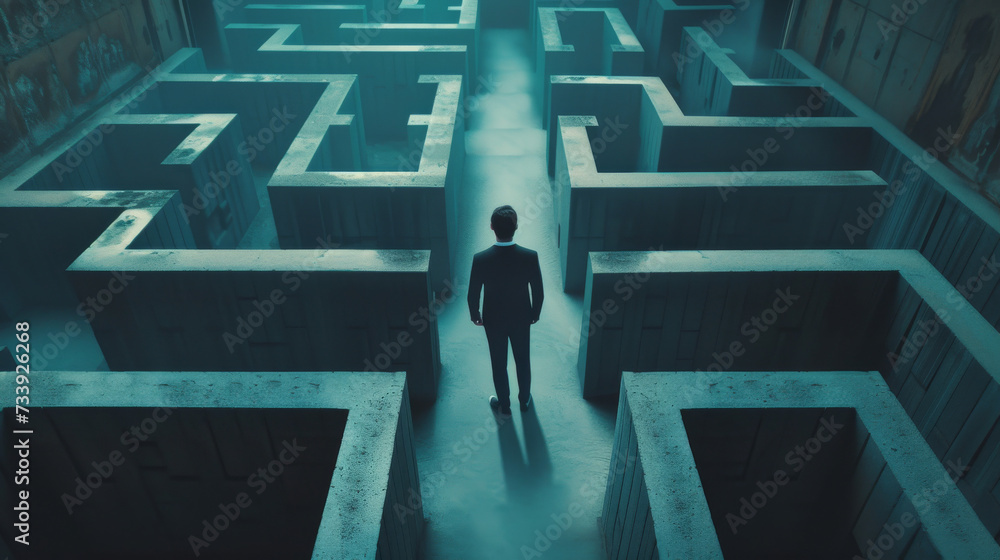 Businessman standing in middle of a maze looking for the right way out , problems and solutions concept
Businessman standing in middle of a maze looking for the right way out , problems and solutions concept