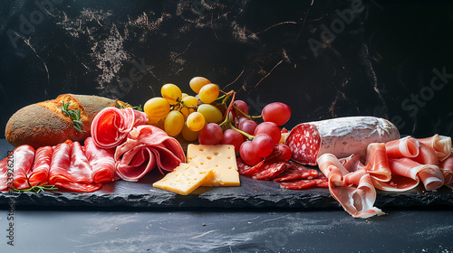 delicatessen cold cutting deli meat, cheese served with grapes. high quality, high resolution photo of charcuterie platter of gourmet salami, papperoni, etc  photo